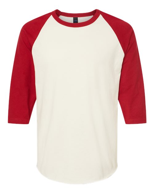 Load image into Gallery viewer, Unisex Fine Jersey Raglan T-Shirt - Vintage White/ Rio Red