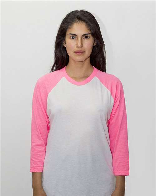 Load image into Gallery viewer, Los Angeles Apparel FF53 Unisex USA-Made Three-Quarter Sleeve Raglan Baseball T-Shirt - White/ Neon Heather Pink