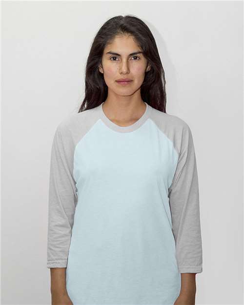 Load image into Gallery viewer, Los Angeles Apparel FF53 Unisex USA-Made Three-Quarter Sleeve Raglan Baseball T-Shirt - Light Blue/ Heather Grey