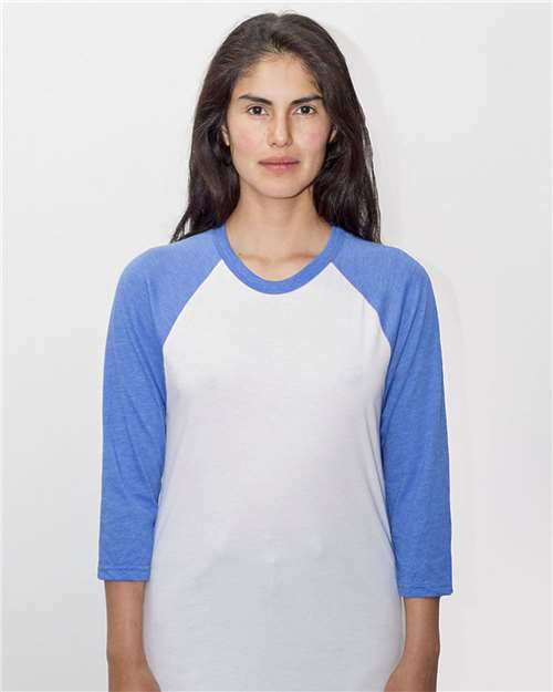 Load image into Gallery viewer, Los Angeles Apparel FF53 Unisex USA-Made Three-Quarter Sleeve Raglan Baseball T-Shirt - White/ Heather Lake Blue