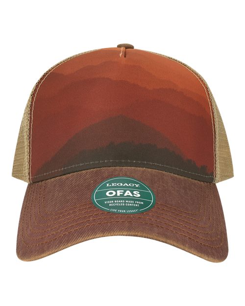 Load image into Gallery viewer, LEGACY OFAFP Old Favorite Five-Panel Trucker Cap - Mt Sunset/ Maroon/ Khaki