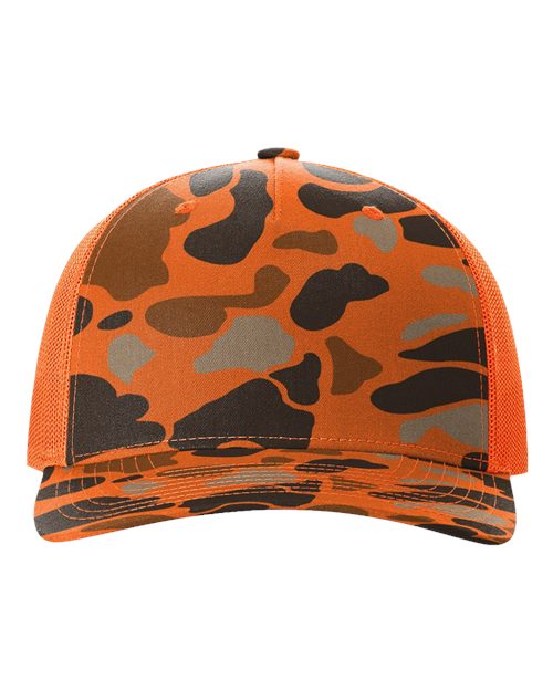 Load image into Gallery viewer, Richardson 112PFP Printed Five-Panel Trucker Cap - Blaze Duck Camo/ Blaze