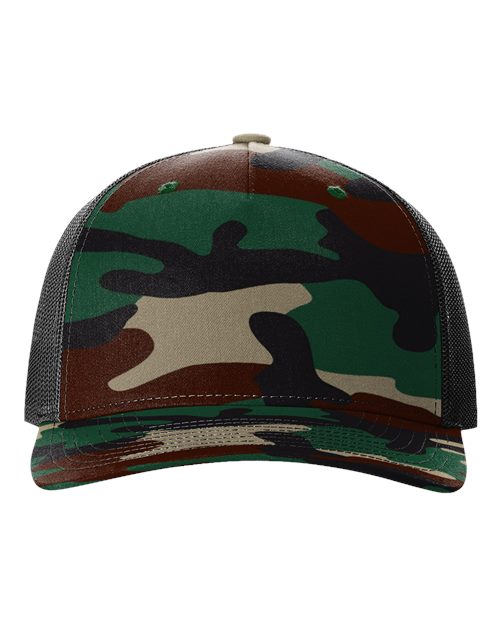 Load image into Gallery viewer, Richardson 112PFP Printed Five-Panel Trucker Cap - Green Camo/ Black