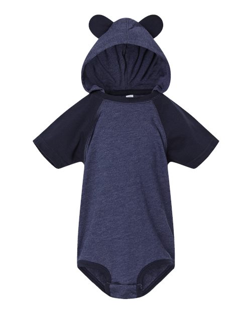 Load image into Gallery viewer, Infant Fine Jersey Raglan Bodysuit with Hood & Ears - Vintage True Navy/ Navy