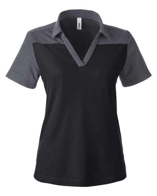 Load image into Gallery viewer, CORE365 CE112CW Women's Fusion ChromaSoft™ Colorblock Polo - Black/ Carbon Heather