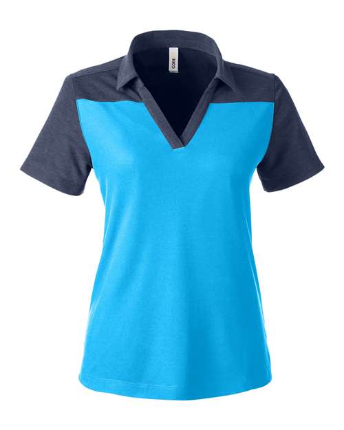 Load image into Gallery viewer, CORE365 CE112CW Women's Fusion ChromaSoft™ Colorblock Polo - Electric Blue/ Classic Navy Heather