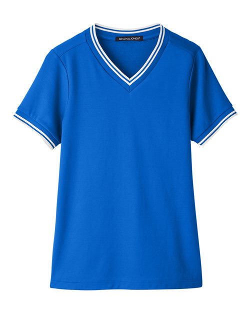 Load image into Gallery viewer, Devon & Jones DG20CW Women's CrownLux Performance® Plaited Tipped V-Neck Shirt - French Blue/ White