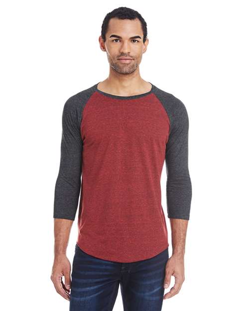 Load image into Gallery viewer, Threadfast Apparel 302G Unisex Triblend Three-Quarter Sleeve Raglan T-Shirt - Cardinal Black/ Black Triblend