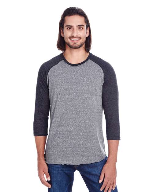 Load image into Gallery viewer, Threadfast Apparel 302G Unisex Triblend Three-Quarter Sleeve Raglan T-Shirt - Grey/ Black Triblend