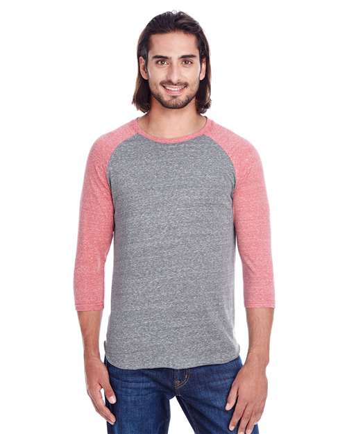Load image into Gallery viewer, Threadfast Apparel 302G Unisex Triblend Three-Quarter Sleeve Raglan T-Shirt - Grey/ Red Triblend
