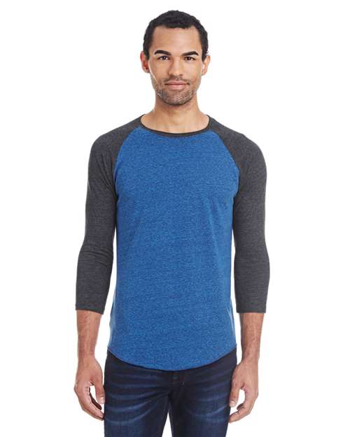 Load image into Gallery viewer, Threadfast Apparel 302G Unisex Triblend Three-Quarter Sleeve Raglan T-Shirt - Royal Black/ Black Triblend