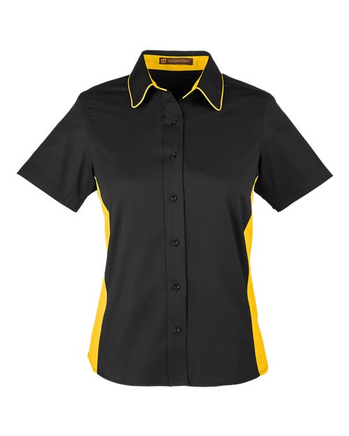 Load image into Gallery viewer, Harriton M586W Women's Flash IL Colorblock Shirt - Black/ Sunray Yellow