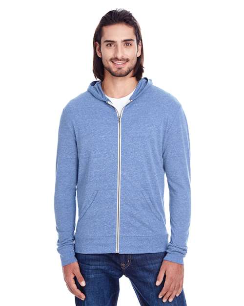 Load image into Gallery viewer, Threadfast Apparel 302Z Unisex Triblend Full-Zip Lightweight Hooded Sweatshirt - Navy Triblend
