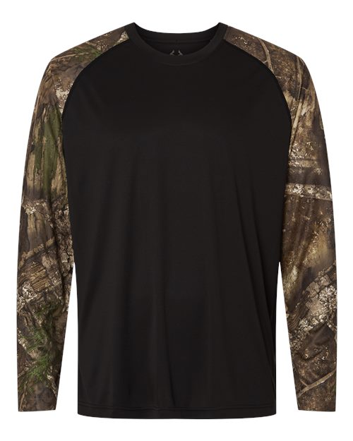 Load image into Gallery viewer, RealTree RT3104 Unisex Realtree® Performance Colorblocked Long Sleeve T-Shirt - Camo/ Black