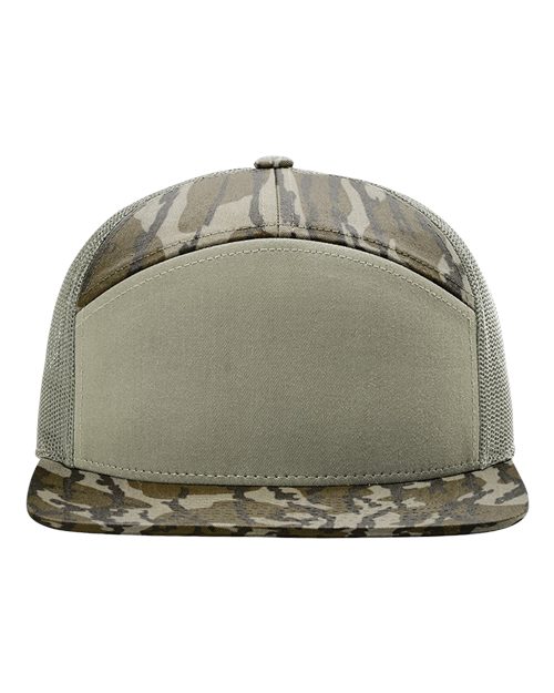 Load image into Gallery viewer, Richardson 168P Printed Seven-Panel Trucker Cap - Mossy Oak Bottomland/ Loden Green