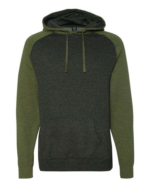 Load image into Gallery viewer, Unisex Raglan Hooded Sweatshirt - Charcoal Heather/ Army Heather