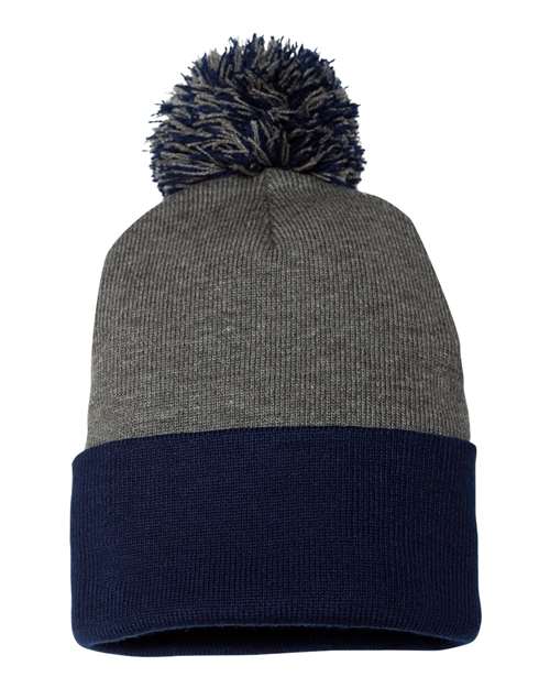 Load image into Gallery viewer, Sportsman SP15 12" Pom-Pom Cuffed Beanie - Dark Heather Grey/ Navy