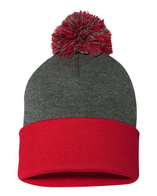 Load image into Gallery viewer, Sportsman SP15 12" Pom-Pom Cuffed Beanie - Dark Heather Grey/ Red