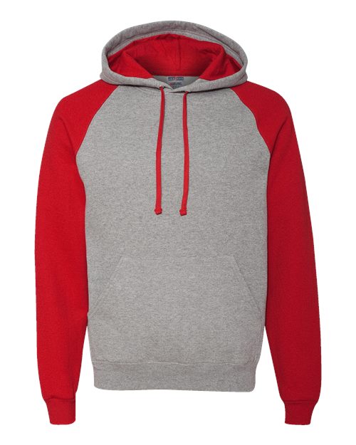 Load image into Gallery viewer, Unisex Nublend® Colorblocked Raglan Hooded Sweatshirt - Oxford/ True Red