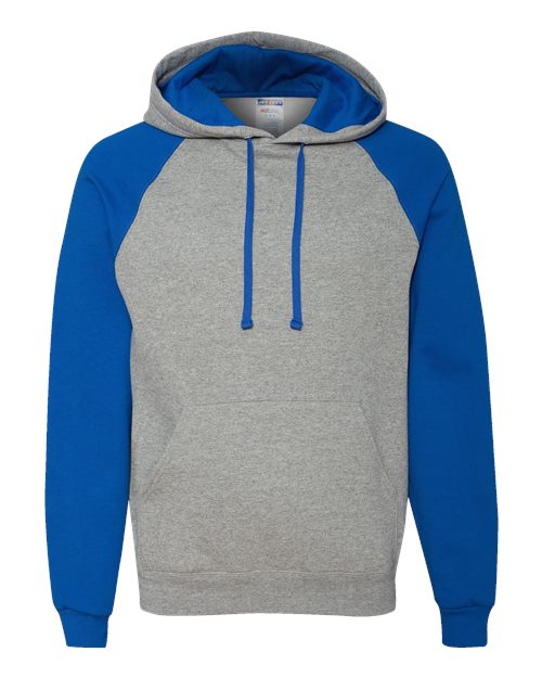 Load image into Gallery viewer, Unisex Nublend® Colorblocked Raglan Hooded Sweatshirt - Oxford/ Royal