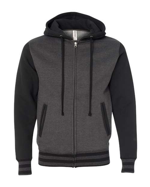 Load image into Gallery viewer, Unisex Heavyweight Varsity Full-Zip Hooded Sweatshirt - Charcoal Heather/ Black