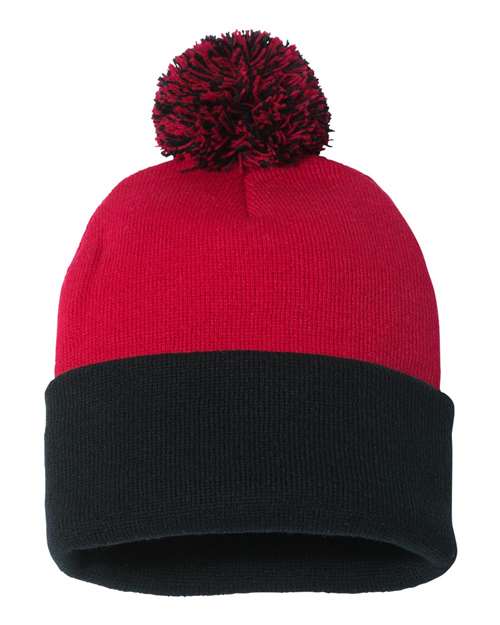 Load image into Gallery viewer, Sportsman SP15 12" Pom-Pom Cuffed Beanie - Red/ Black