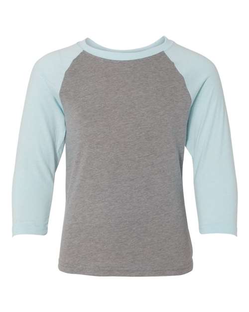 Load image into Gallery viewer, Youth CVC Three-Quarter Sleeve Raglan T-Shirt - Ice Blue Sleeves/ Dark Heather Grey Body