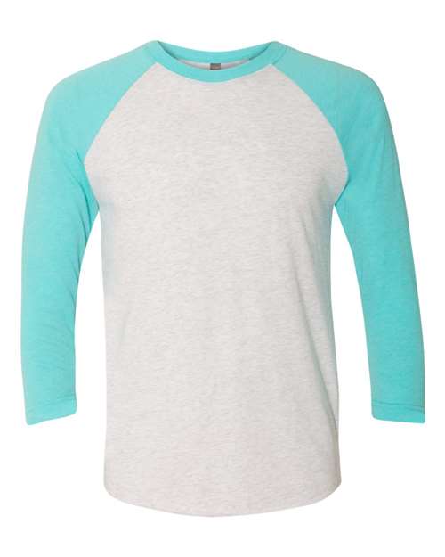 Load image into Gallery viewer, Unisex Triblend Three-Quarter Raglan T-Shirt - Tahiti Blue Sleeves/ Heather White Body