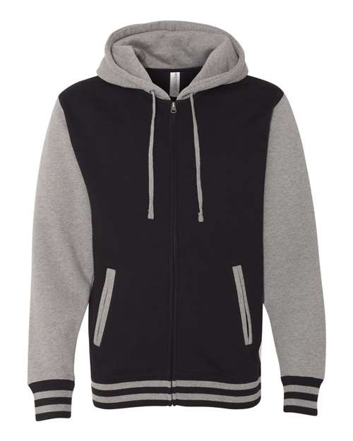 Load image into Gallery viewer, Unisex Heavyweight Varsity Full-Zip Hooded Sweatshirt - Black/ Gunmetal Heather