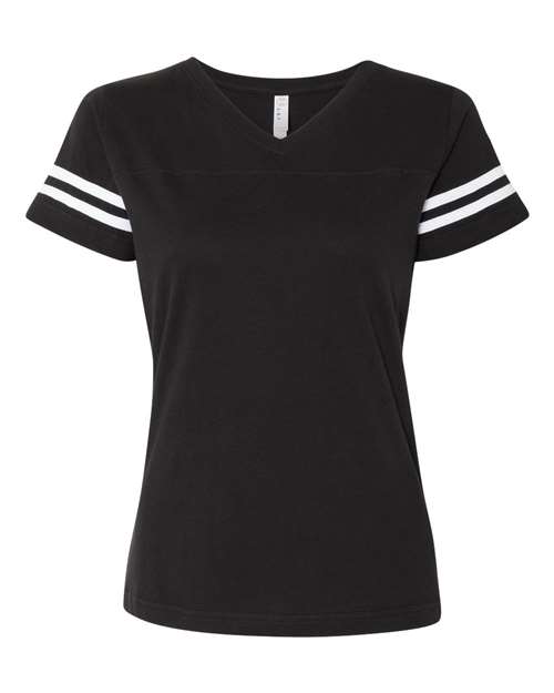 Load image into Gallery viewer, LAT 3537 Women's Football V-Neck Fine Jersey Tee - Black Solid/ White