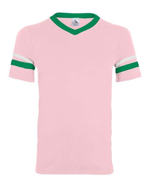 Load image into Gallery viewer, Augusta Sportswear 360 V-Neck Jersey with Striped Sleeves - Light Pink/ Kelly/ White