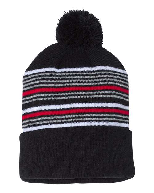 Load image into Gallery viewer, Sportsman SP60 12" Striped Pom-Pom Cuffed Beanie - Black/ White/ Grey/ Red