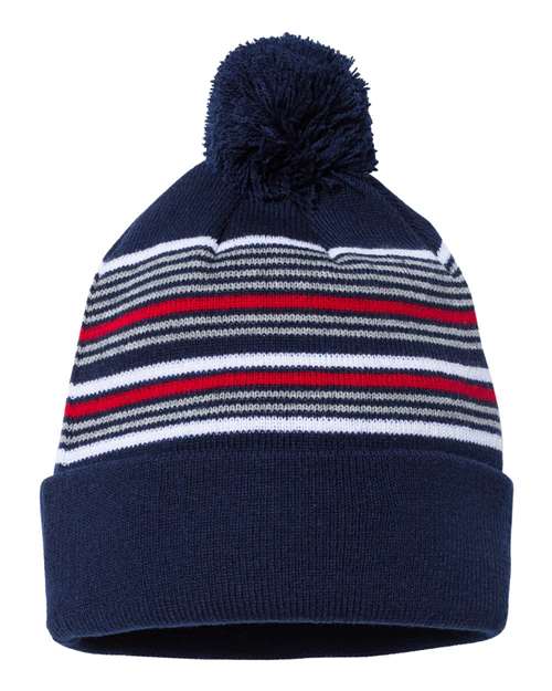 Load image into Gallery viewer, Sportsman SP60 12" Striped Pom-Pom Cuffed Beanie - Navy/ White/ Grey/ Red