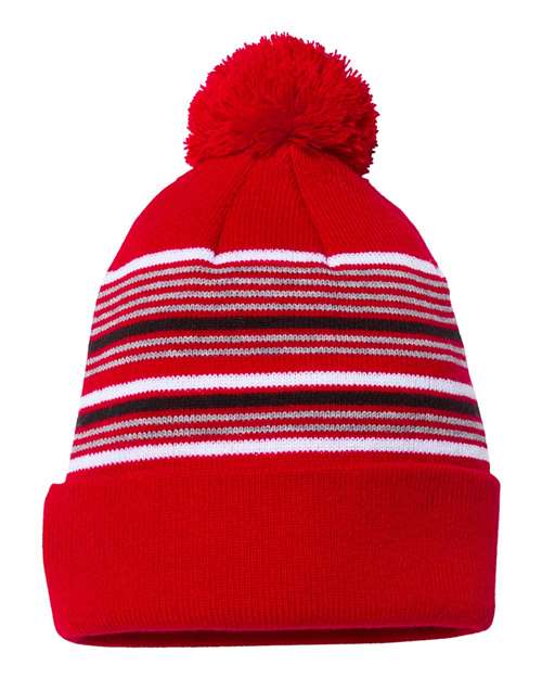 Load image into Gallery viewer, Sportsman SP60 12" Striped Pom-Pom Cuffed Beanie - Red/ White/ Grey/ Black