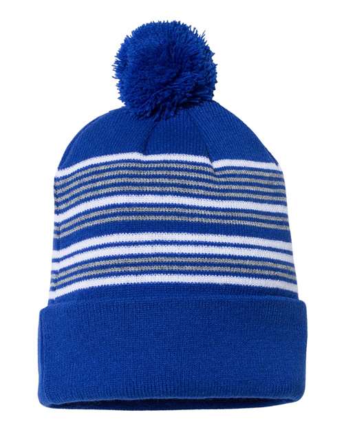 Load image into Gallery viewer, Sportsman SP60 12" Striped Pom-Pom Cuffed Beanie - Royal/ White/ Grey