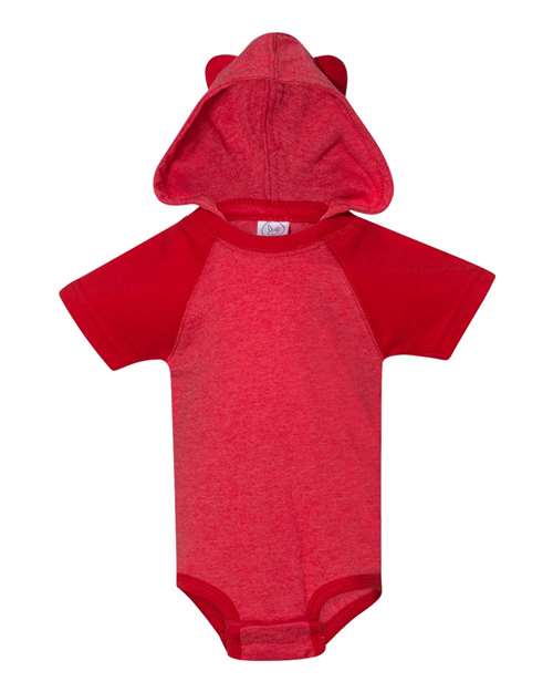Load image into Gallery viewer, Infant Fine Jersey Raglan Bodysuit with Hood & Ears - Vintage Red/ Red