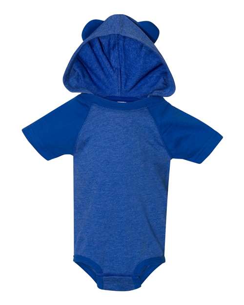 Load image into Gallery viewer, Infant Fine Jersey Raglan Bodysuit with Hood & Ears - Vintage Royal/ Royal