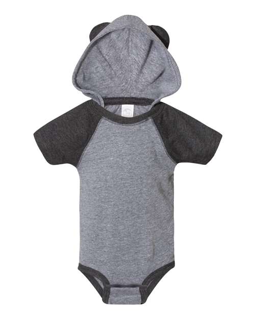 Load image into Gallery viewer, Infant Fine Jersey Raglan Bodysuit with Hood & Ears - Granite Heather/ Vintage Smoke