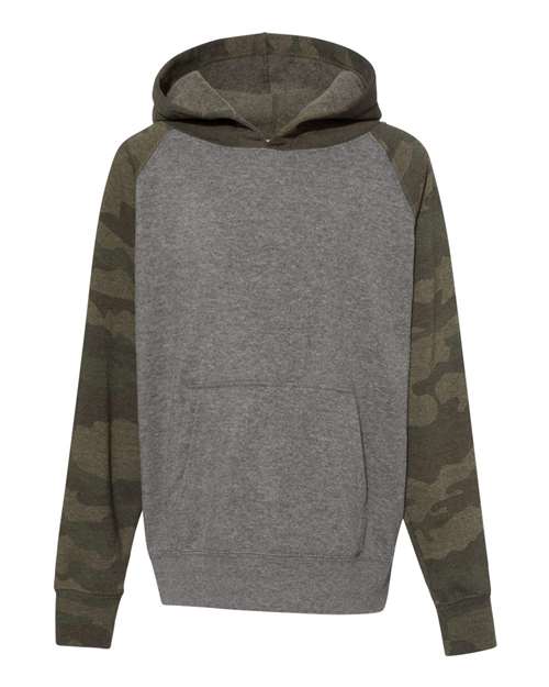 Load image into Gallery viewer, Youth Lightweight Special Blend Raglan Hooded Sweatshirt - Nickel Heather/ Forest Camo