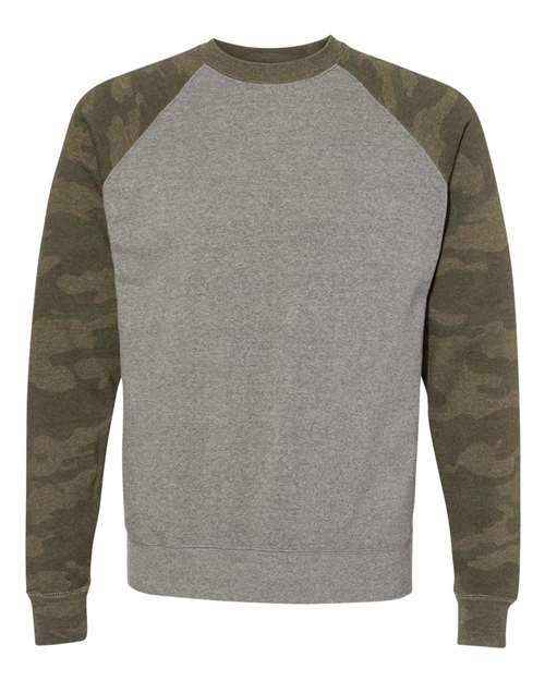 Load image into Gallery viewer, Unisex Special Blend Raglan Crewneck Sweatshirt - Nickel Heather/ Forest Camo