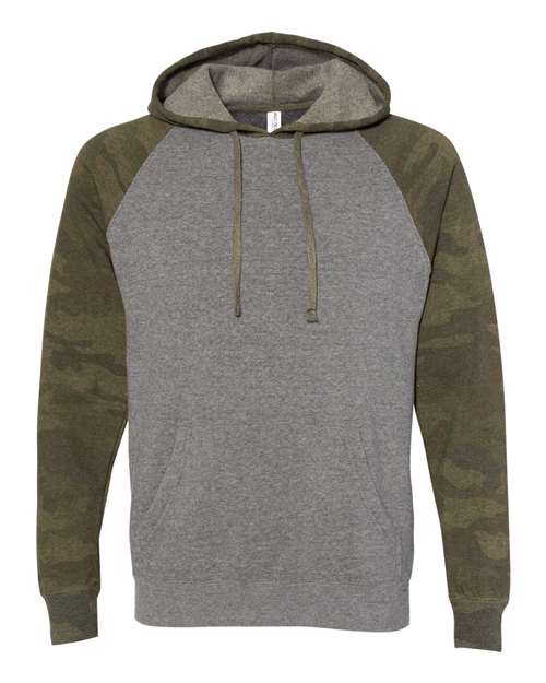 Load image into Gallery viewer, Unisex Special Blend Raglan Hooded Sweatshirt - Nickel Heather/ Forest Camo