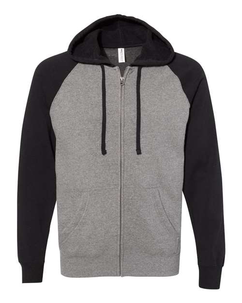 Load image into Gallery viewer, Unisex Special Blend Raglan Full-Zip Hooded Sweatshirt - Nickel Heather/ Black