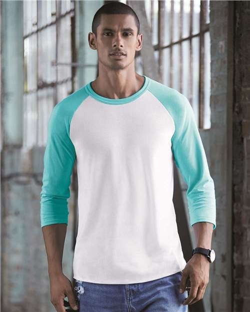 Load image into Gallery viewer, Premium Blend Ringspun Three-Quarter Sleeve Raglan Baseball T-Shirt - White/ Scuba Blue