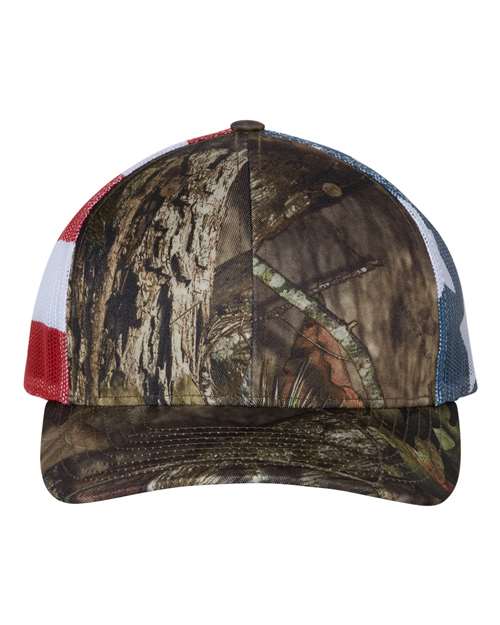 Load image into Gallery viewer, Richardson 112PM Printed Mesh Trucker Cap - Mossy Oak Break-Up Country/ Stars & Stripes