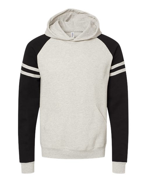 Load image into Gallery viewer, Unisex Nublend® Varsity Colorblocked Raglan Hooded Sweatshirt - Oatmeal Heather/ Black Ink