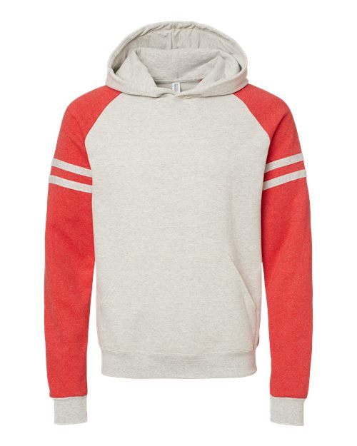 Load image into Gallery viewer, Unisex Nublend® Varsity Colorblocked Raglan Hooded Sweatshirt - Oatmeal Heather/ Fiery Red Heather