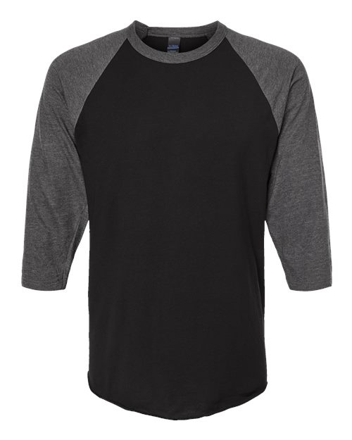 Load image into Gallery viewer, Unisex Fine Jersey Raglan T-Shirt - Black/ Heather Charcoal
