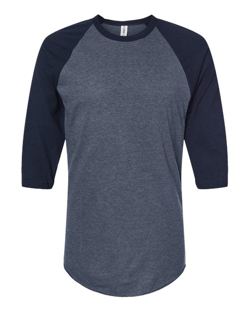 Load image into Gallery viewer, Unisex Fine Jersey Raglan T-Shirt - Heather Denim/ Navy
