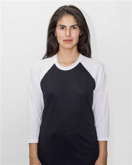 Los Angeles Apparel FF53 Unisex USA-Made Three-Quarter Sleeve Raglan Baseball T-Shirt - Black/ White