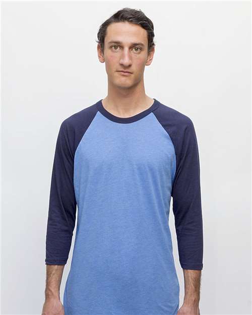 Load image into Gallery viewer, Los Angeles Apparel FF53 Unisex USA-Made Three-Quarter Sleeve Raglan Baseball T-Shirt - Heather Lake Blue/ Navy
